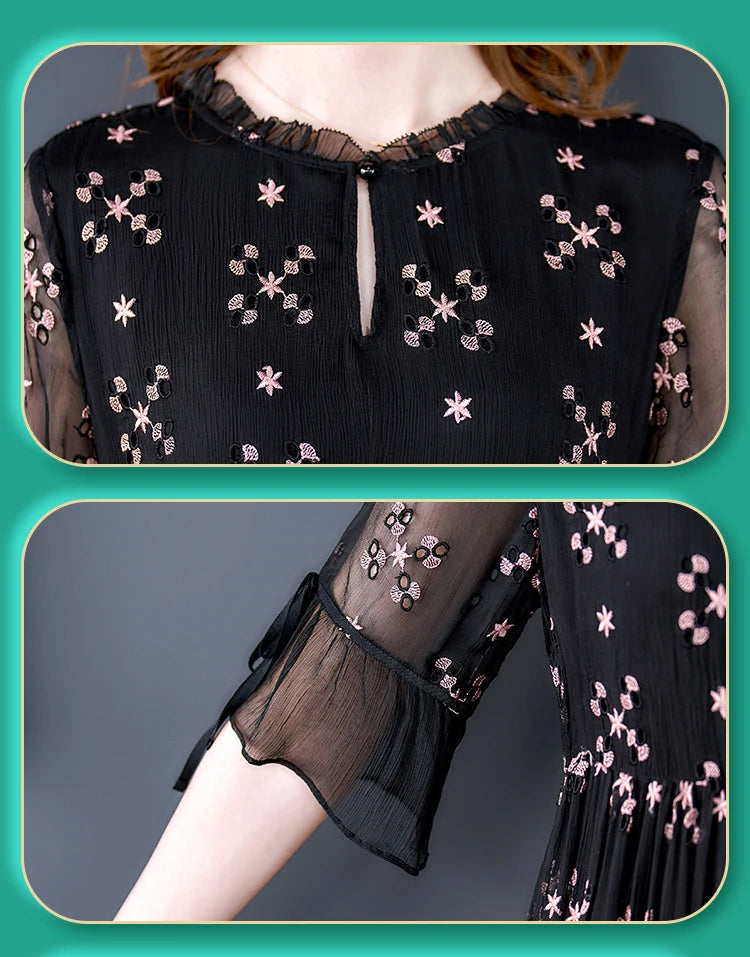 Black Embroidered Mulberry Silk Midi Dress – Hollow Out, Light, Elegant, Vintage Korean Style