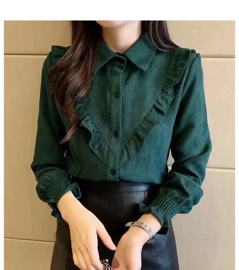 Women's Vintage Ruffle Blouse – Thin, Pleated Patchwork with Turn-Down Collar