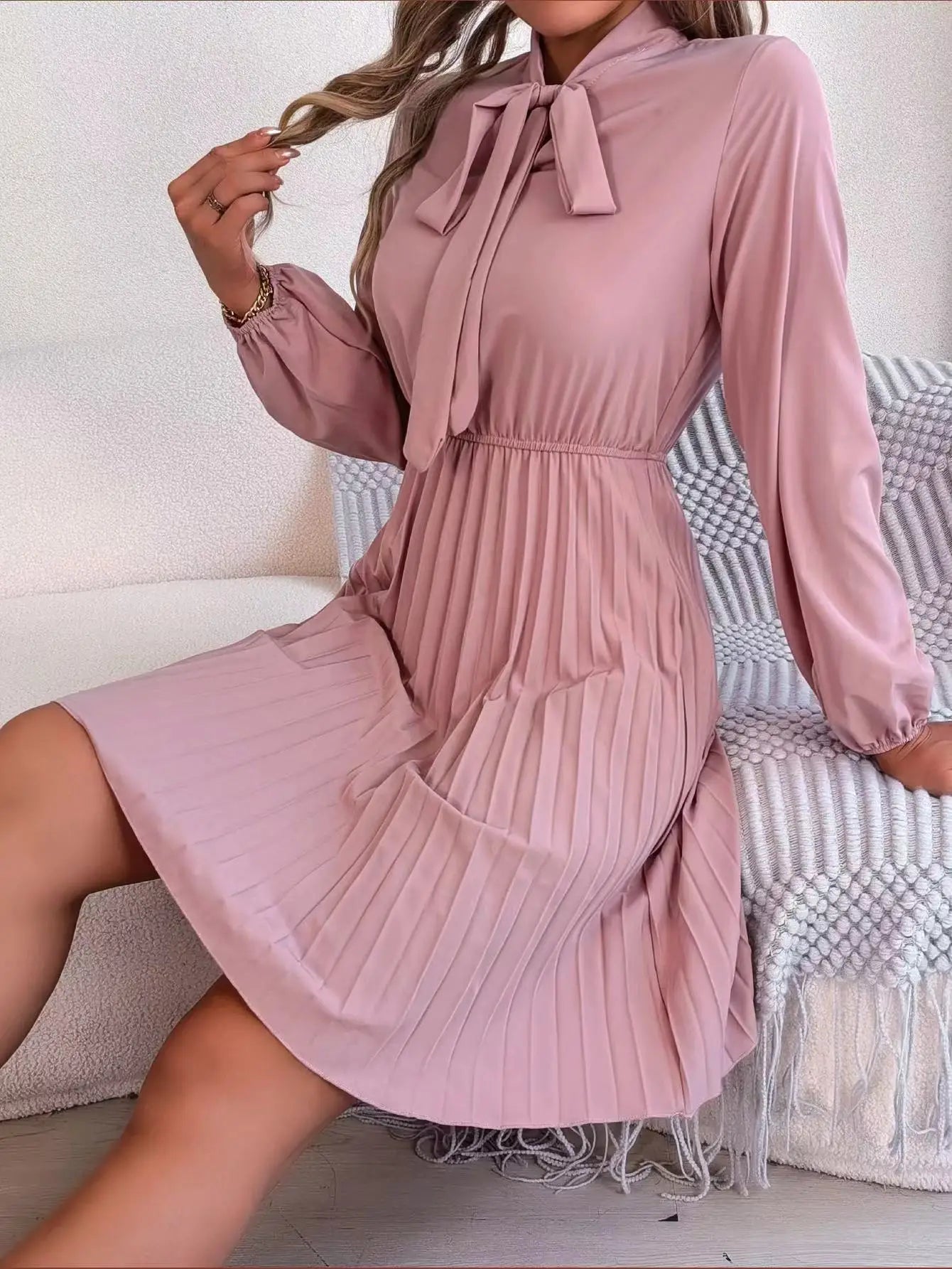 Pure Color, Lace-Up, Long Sleeve, Elastic Waist, Party Pleated Design