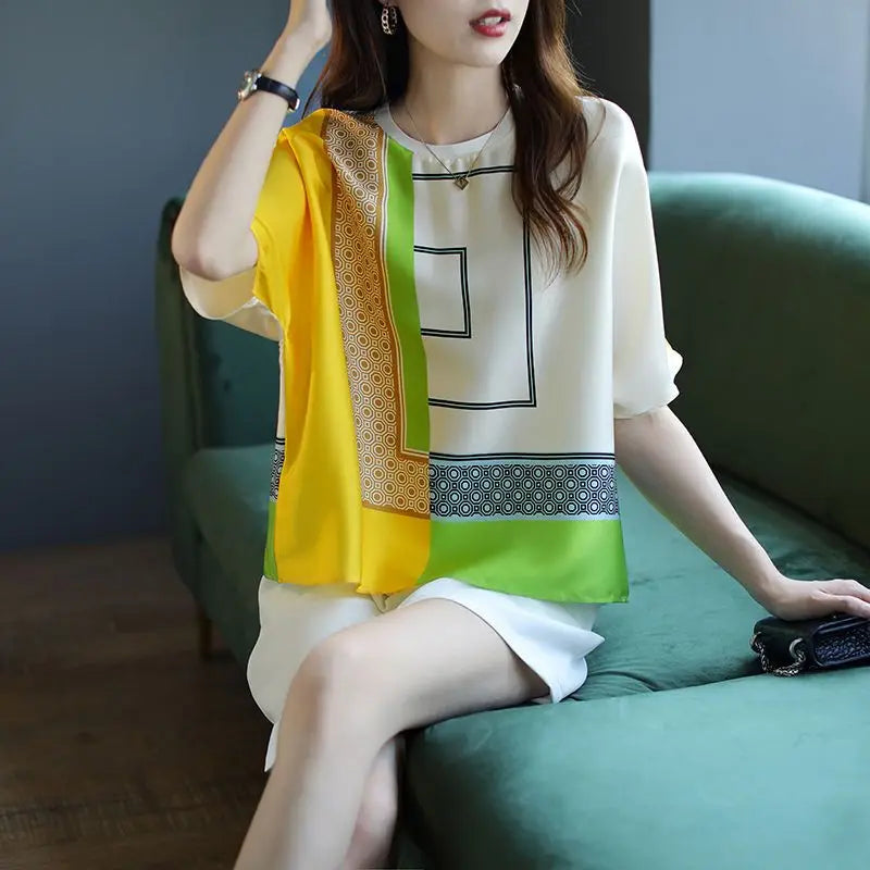 Geometric Patchwork O-neck T-shirt – Casual Summer Top for Women