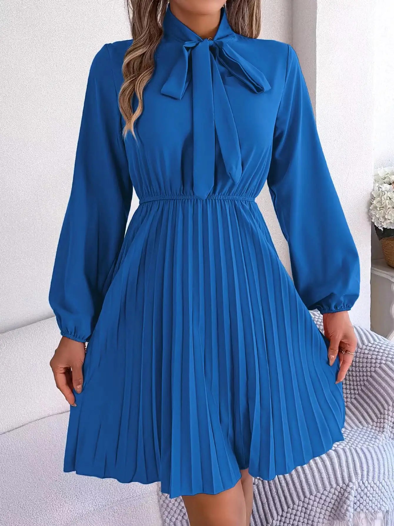 Pure Color, Lace-Up, Long Sleeve, Elastic Waist, Party Pleated Design