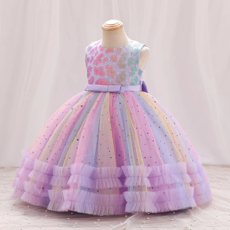 Embroidered Star Sequin Rainbow Dress for Girls