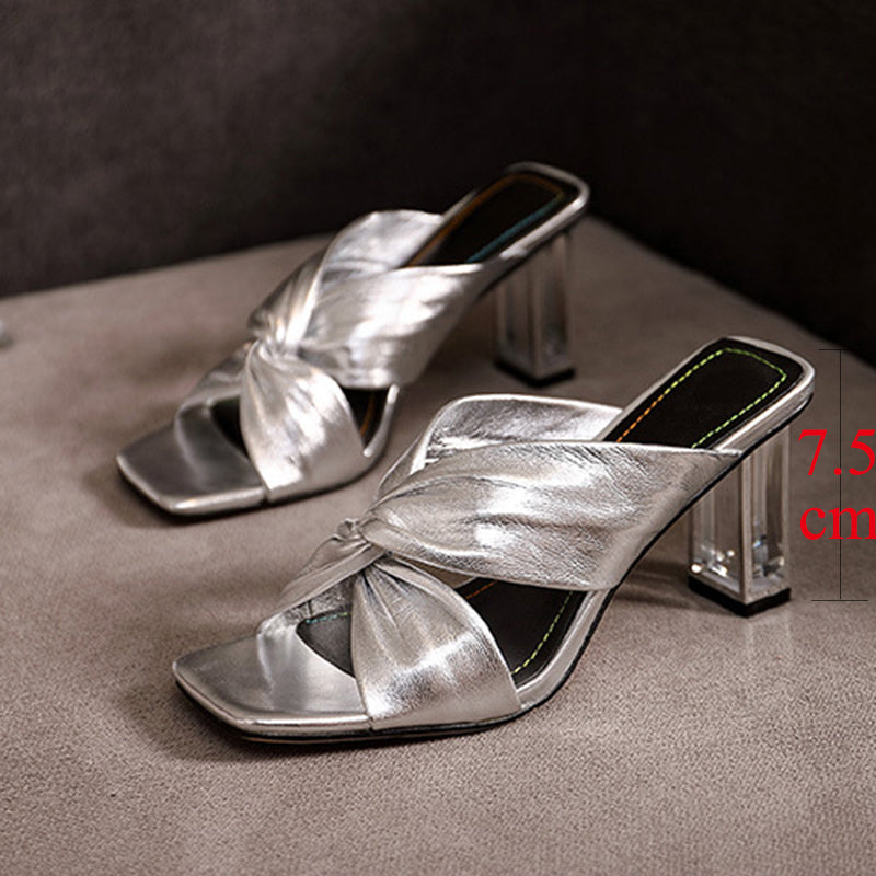 Women's Cross Strap High Heels - Luxury Golden Square Toe Sandals with Clear Heel