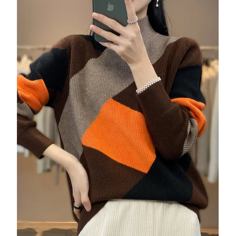 Autumn/Winter Women's Cashmere Patchwork Pullover Sweater