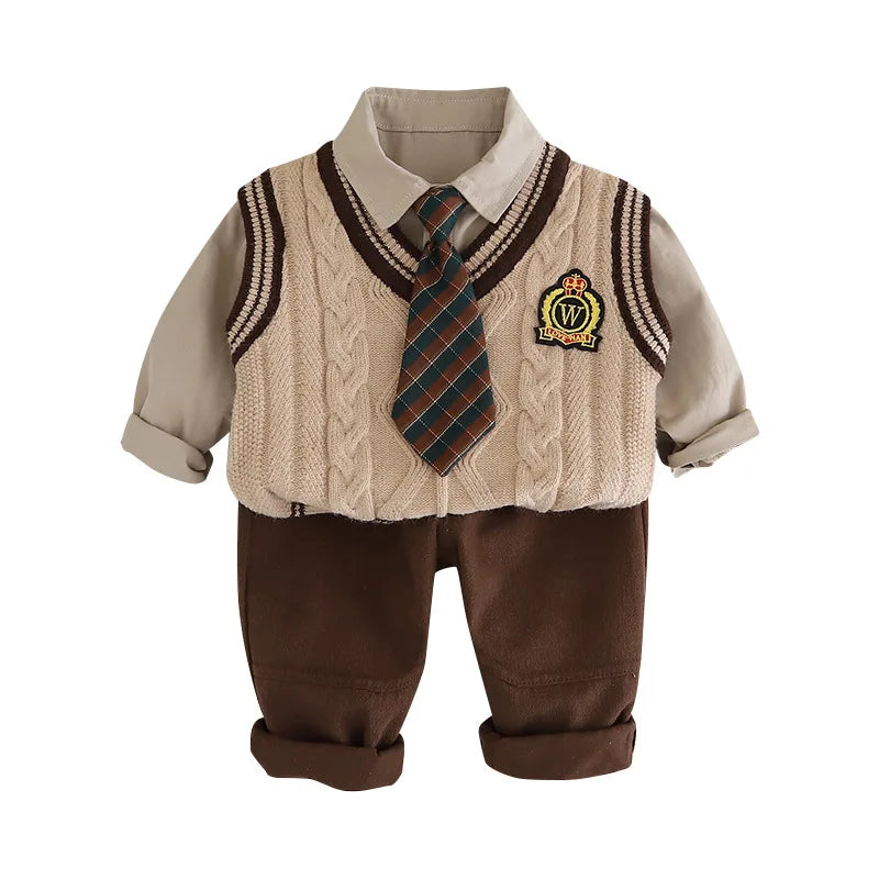 Autumn Preppy Style 3PCS Boys Outfit - Cotton Shirt, Knitted Vest & Pants Set