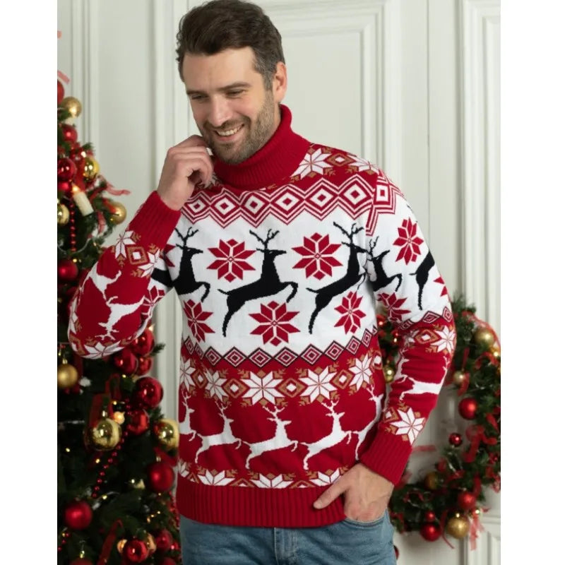 Christmas Reindeer Turtleneck Sweater – Knitted, Long-Sleeved, Couples Jumper, Warm, Thick Winter Sweater