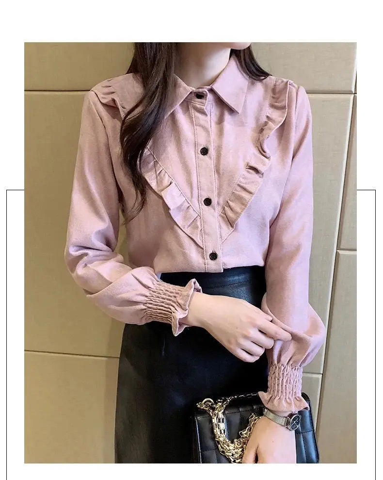 Women's Vintage Ruffle Blouse – Thin, Pleated Patchwork with Turn-Down Collar