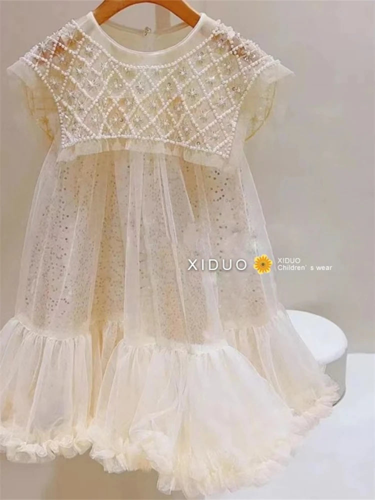 Girls' Summer Dress – Korean Princess Casual Mesh Dress with Pearl Sequin Details