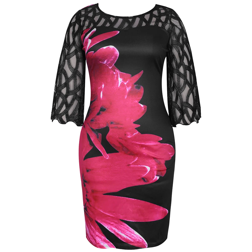 Women's Summer Floral Print Dress – Elegant Mesh Sleeve, Casual Birthday/Party Dress, 3XL/4XL