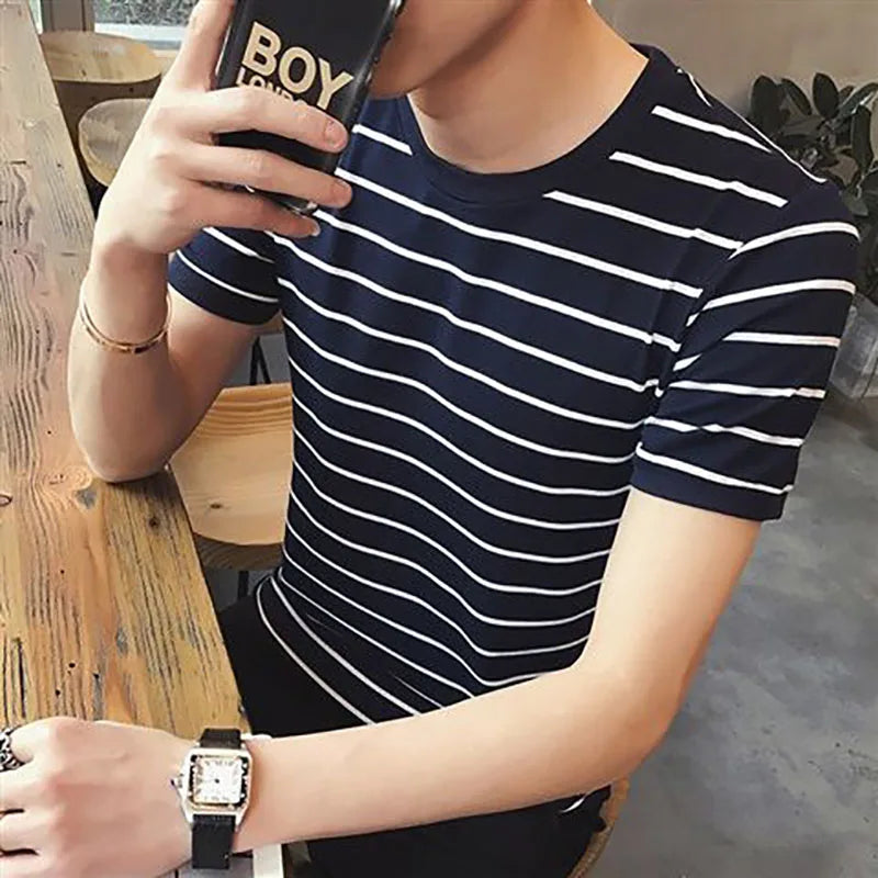 Men's Fashion Striped O-Neck T-Shirt - Short Sleeve Korean Tee