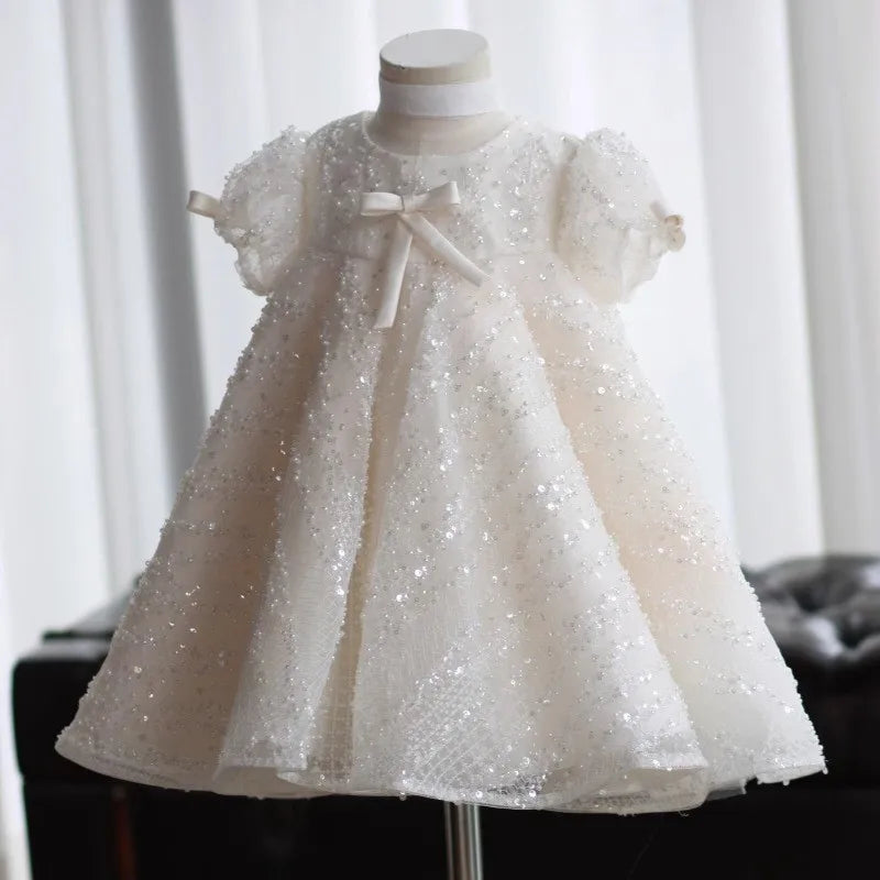 Baby Girl Princess Sequins Tulle Dress – Puff Sleeve Party Dress with Bow for Infants and Toddlers (1-7 Years)