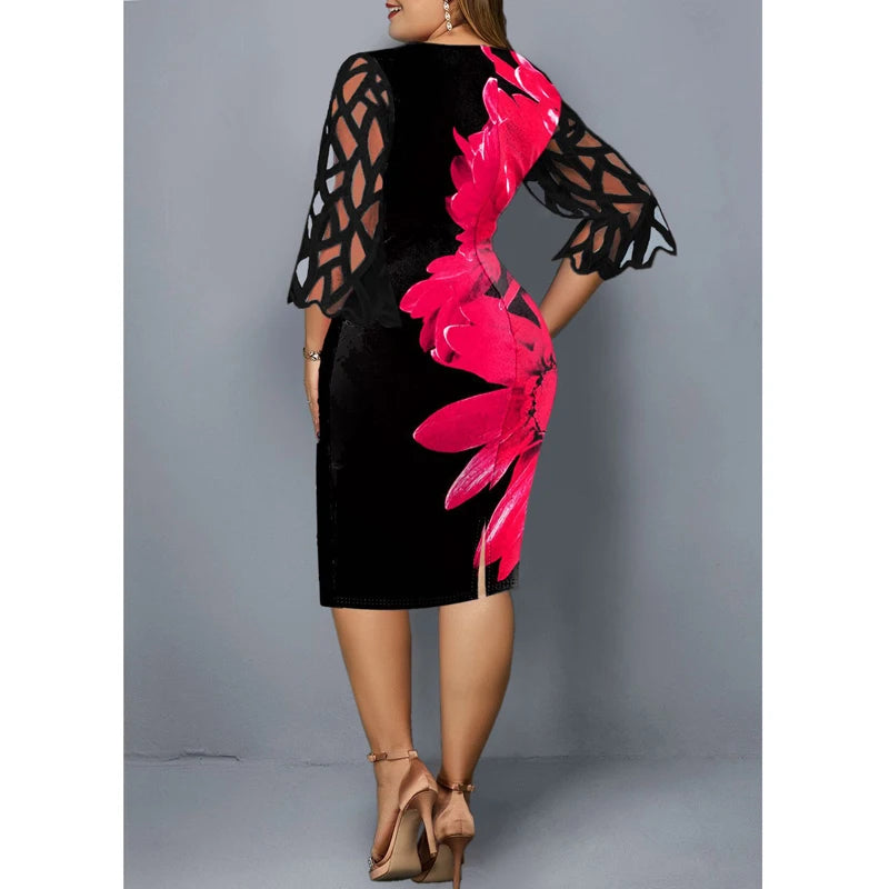 Women's Summer Floral Print Dress – Elegant Mesh Sleeve, Casual Birthday/Party Dress, 3XL/4XL