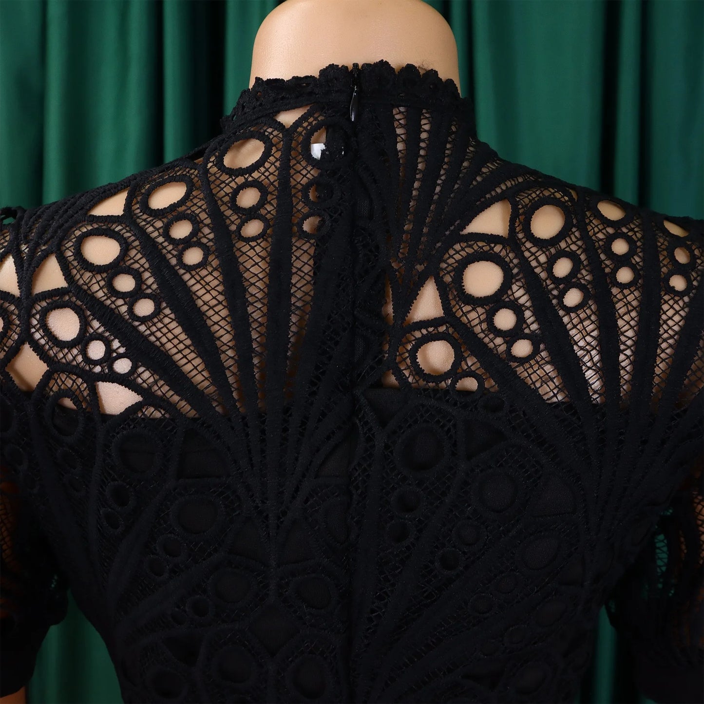 Elegant Pleated Lace Dress – O-Neck, Belted, Mid-Calf Party Dress