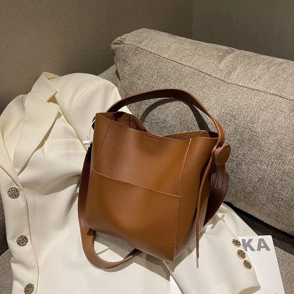 Wide Strap Leather Handbag - Women's Soft Casual Bucket Tote, Large Capacity & Multi-Function