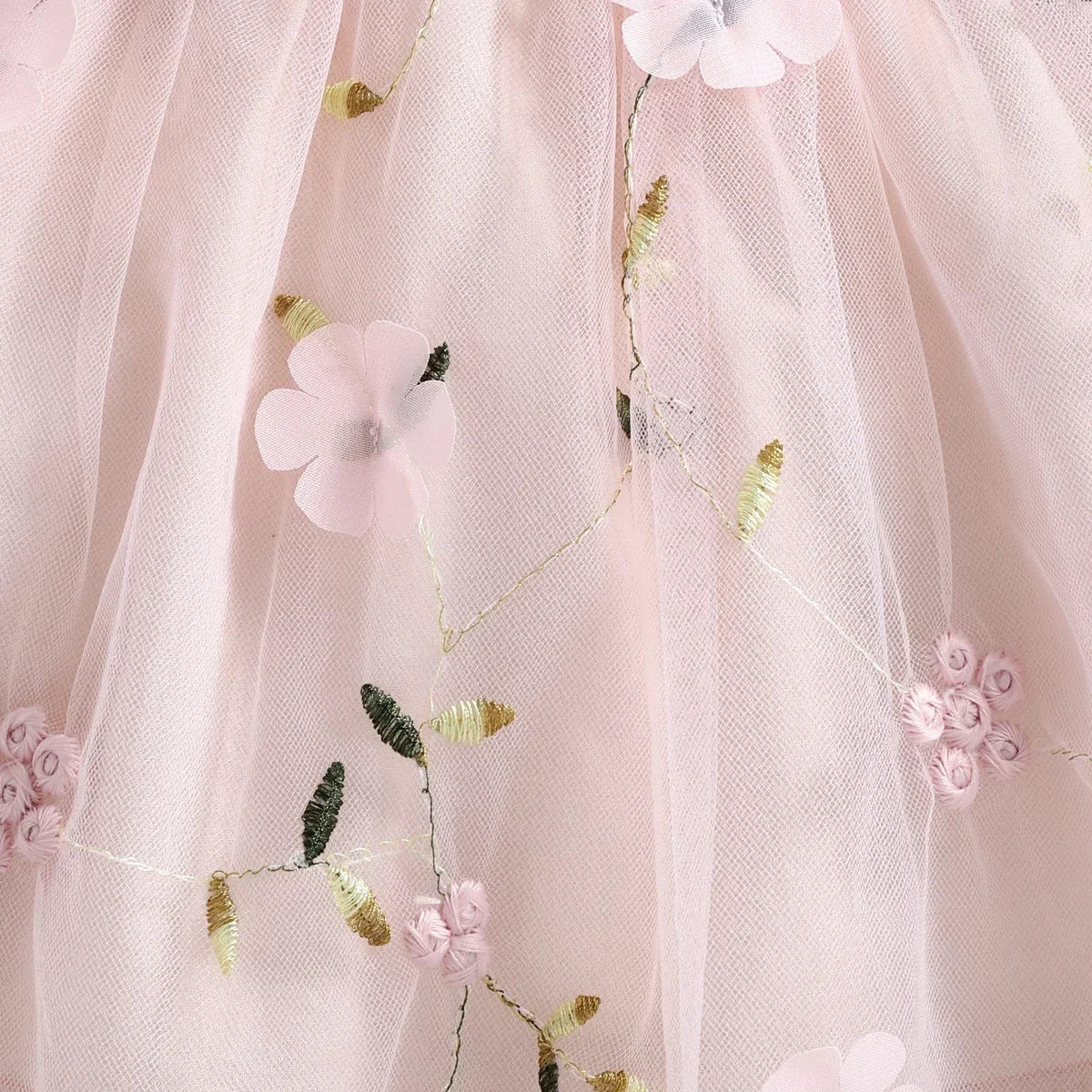 Baby Girl Pink Floral Embroidered Mesh Dress - Long Sleeve Bowknot