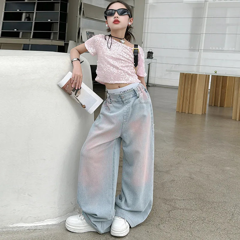 Girls' Summer 2-Piece Set - Pink Diamond T-Shirt & Tie-Dyed Wide Leg Jeans