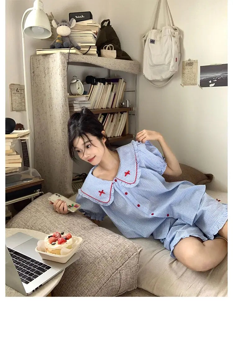 Plaid Women's Summer Pajama Set - Button Sleepwear with Peter Pan Collar