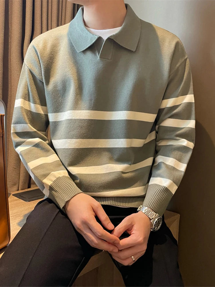 Men's Autumn Striped Lapel Sweater – Casual Y2K Knit Pullover.