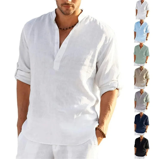 Men's Casual Long Sleeve Stand Collar Blouse - Spring Autumn Cotton Linen Shirt