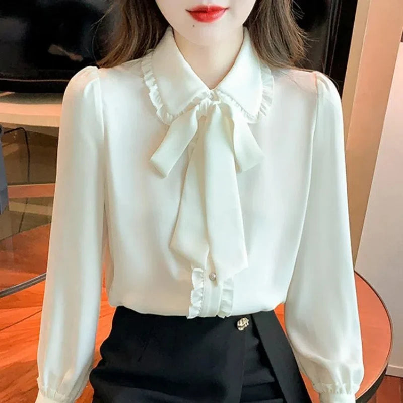 Women's Doll Collar Blouse – Long Sleeve Solid Color with Bow, Ruffles, and Button Details for Spring/Autumn