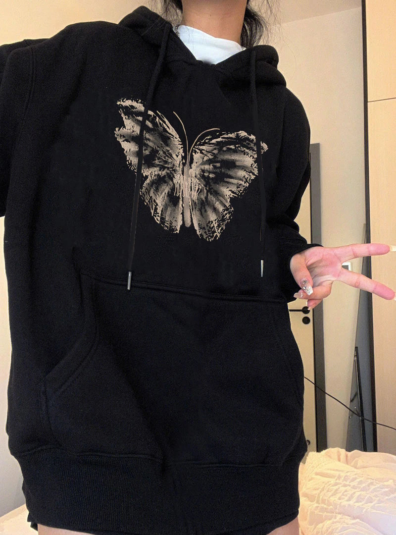Women’s Black Goth Graphic Print Long Sleeve Hoodie - Y2K Vintage Oversized Sweatshirt