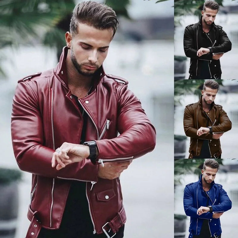 New autumn and winter men Pu leather coat large size standing collar fashion slim zipper leather jacket