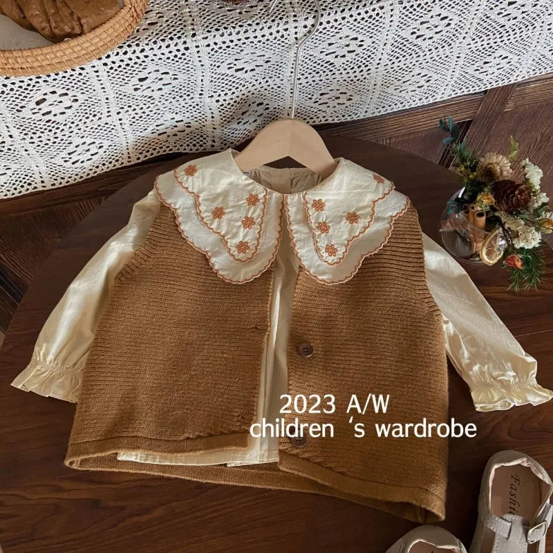 Fall & Winter 3-Piece Girls' Knit Vest Set: Embroidered Shirt & Shorts (2-8Y)