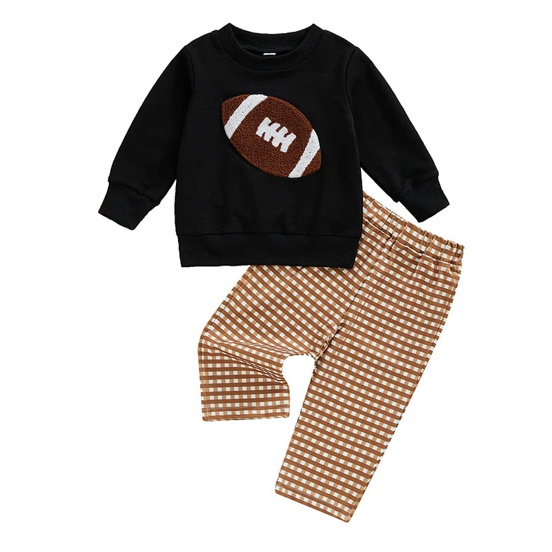 Boy Fall Pants Set Football Embroidered Long Sleeve Round Neck Sweatshirt Plaid Long Pants Outfits