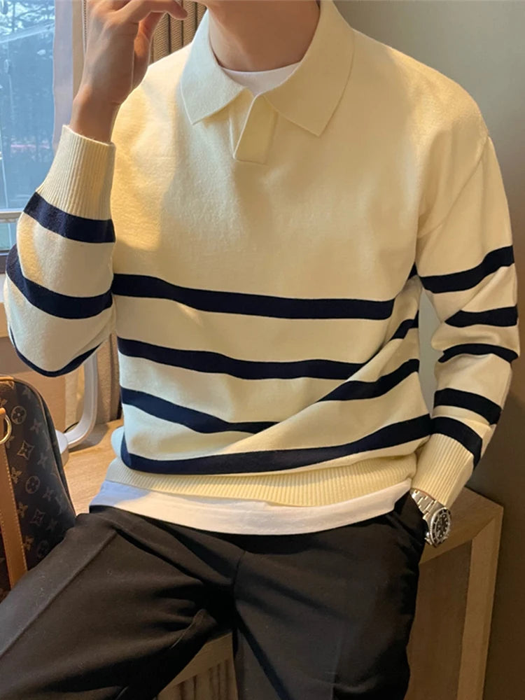 Men's Autumn Striped Lapel Sweater – Casual Y2K Knit Pullover.