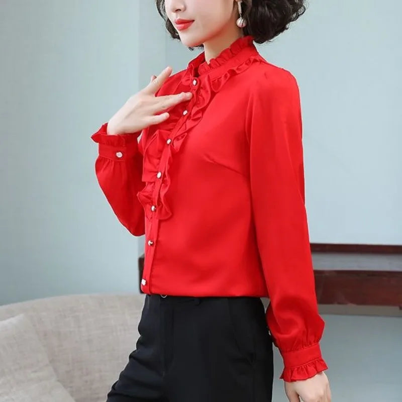 Women's Chiffon Shirt – Standing Collar, Ruffle Patchwork, Long Sleeve for Spring/Autumn