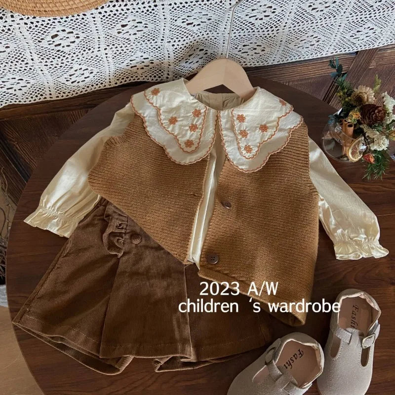 Fall & Winter 3-Piece Girls' Knit Vest Set: Embroidered Shirt & Shorts (2-8Y)