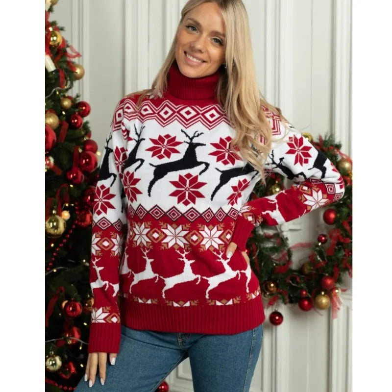 Christmas Reindeer Turtleneck Sweater – Knitted, Long-Sleeved, Couples Jumper, Warm, Thick Winter Sweater
