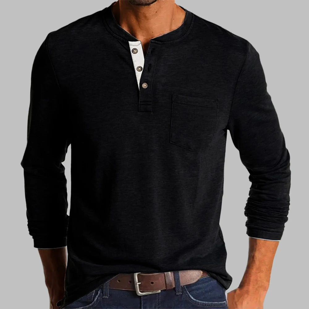 New Trend T-shirt Men Elegant Fashion Button Half Open Collar Solid Color Long Sleeve Pocket Top Men Commuter Shirts