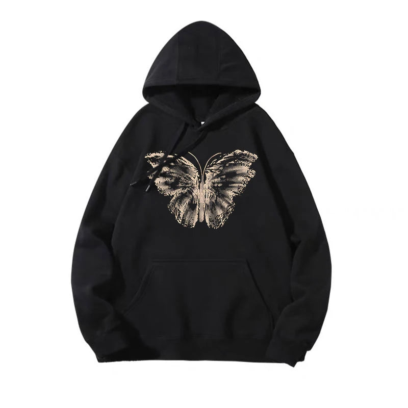 Women’s Black Goth Graphic Print Long Sleeve Hoodie - Y2K Vintage Oversized Sweatshirt