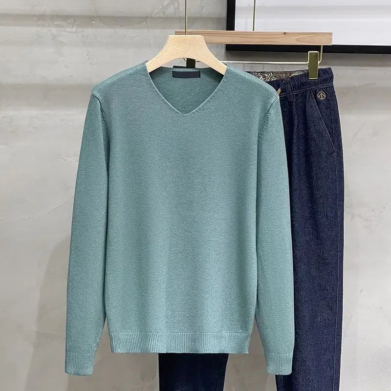 Men's V-neck Sweater – Solid Color, Long Sleeve, Knitted, Winter Pullover