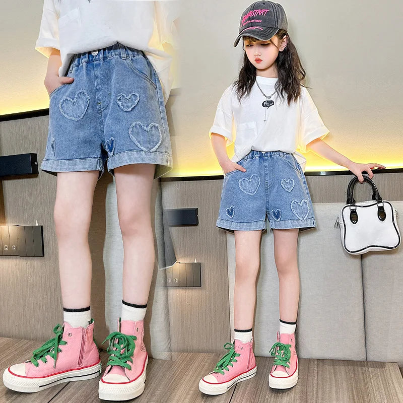Cute Pearl Heart Denim Shorts for Girls