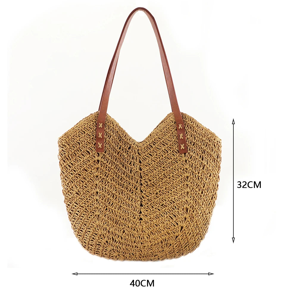 Summer Straw Woven Shoulder Bag: Vacation Tote for Travel and Shopping