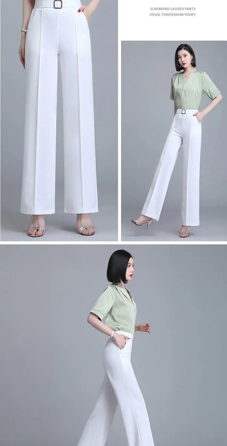 Khaki High-Waist Ice Silk Wide-Leg Trousers - Summer Design, Elegant Elastic Waist Baggy Pants for Women