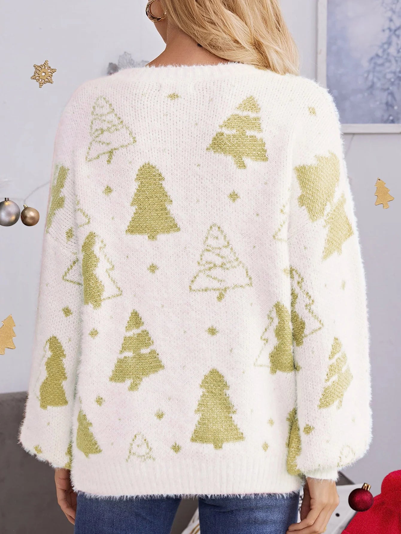 Women's Christmas Tree Pullover – Round Neck, Loose Fit, Lazy Style Knit Sweater for Autumn/Winter
