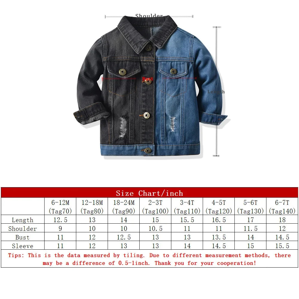 Children Boys' Casual Denim Jacket – Black & Blue Spliced, Turn-Down Collar