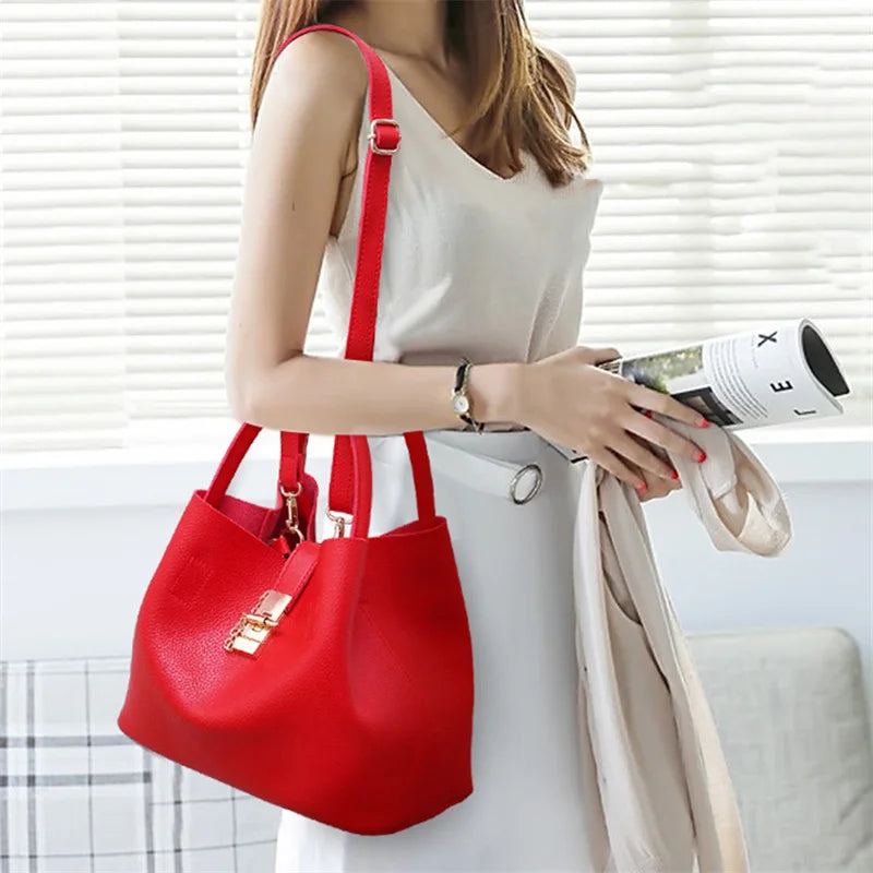 Women's Large Capacity Shoulder Bag - Lychee Pattern PU Crossbody Bucket Bag, Portable Messenger Tote
