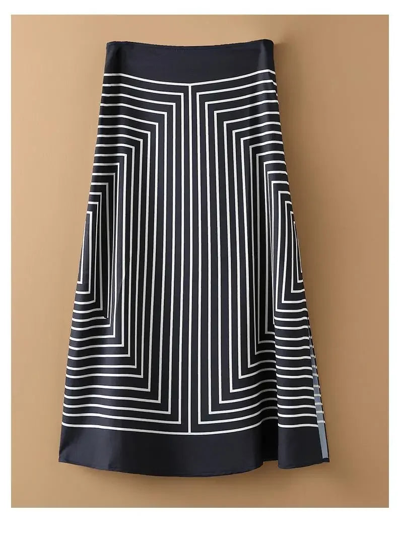 Summer Casual Luxury Black & White Striped Hepburn Style Long Skirt