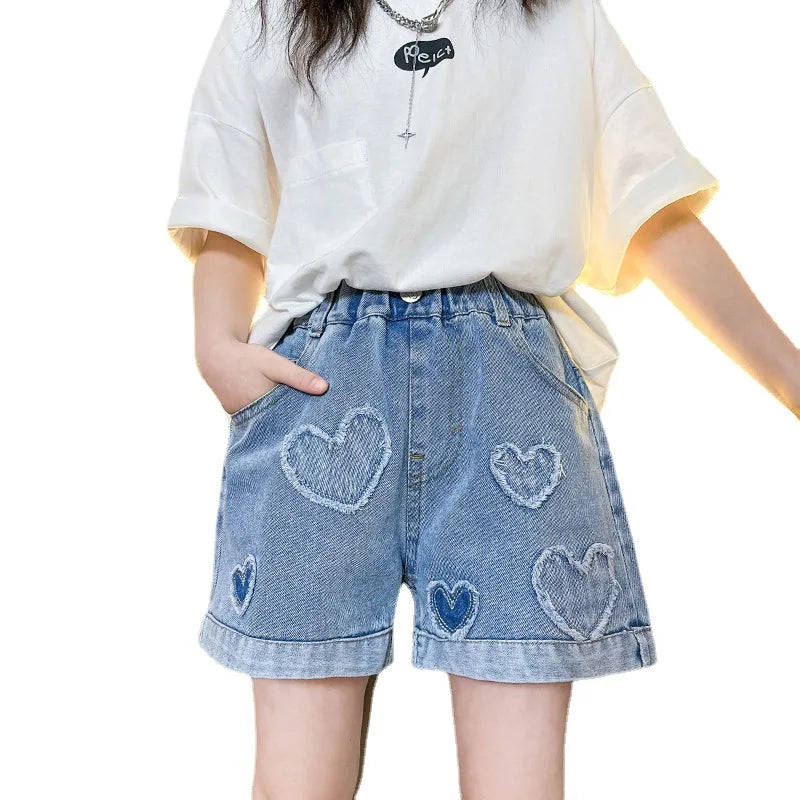 Cute Pearl Heart Denim Shorts for Girls