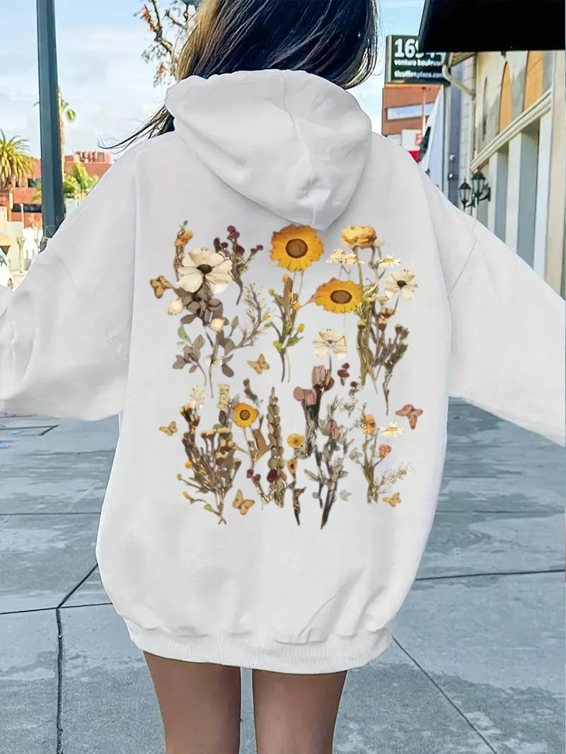 Cute Floral Print Women's Casual Fleece Hoodie