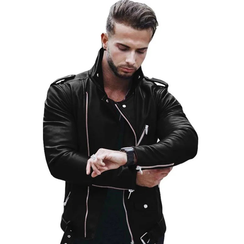 New autumn and winter men Pu leather coat large size standing collar fashion slim zipper leather jacket
