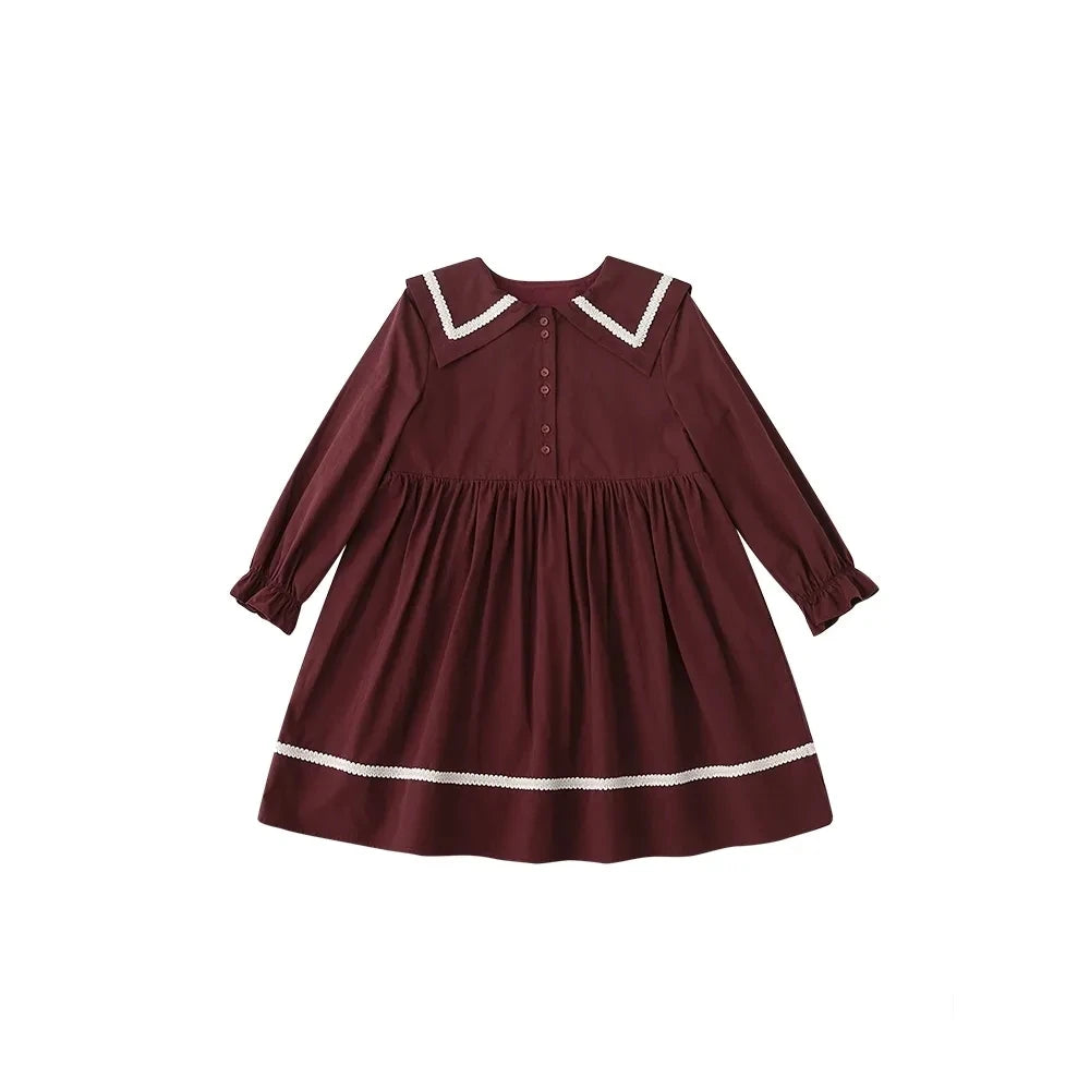 Girls' Red Long Sleeve Dress – Turn-Down Collar Casual Spring Princess Outfit (Ages 6-15)