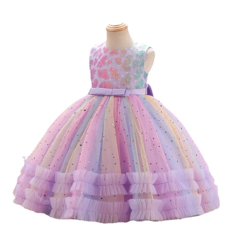 Embroidered Star Sequin Rainbow Dress for Girls