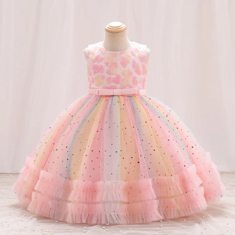 Embroidered Star Sequin Rainbow Dress for Girls