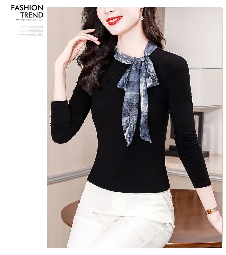 Women's O-Neck Printed Lace-Up Bow Blouse – Loose Long Sleeve Office Shirt for Autumn