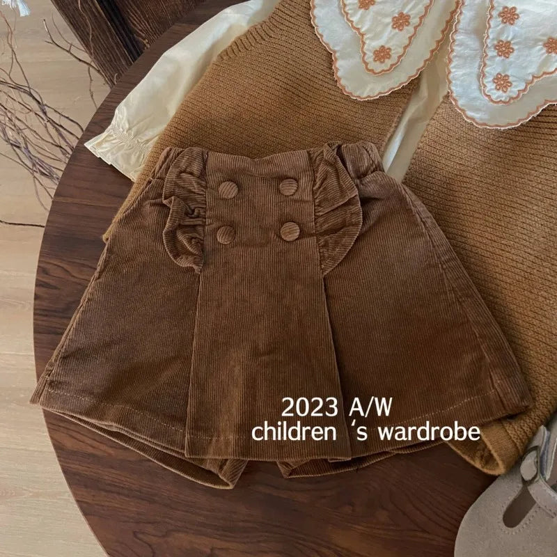 Fall & Winter 3-Piece Girls' Knit Vest Set: Embroidered Shirt & Shorts (2-8Y)